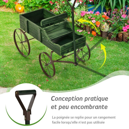Brouette Décorative En Bois Avec 2 Compartiments À Planter Roues Métalliques Poignée Charge 15Kg Pour Cour Bleu/Café/Gris/Rouge/Vert