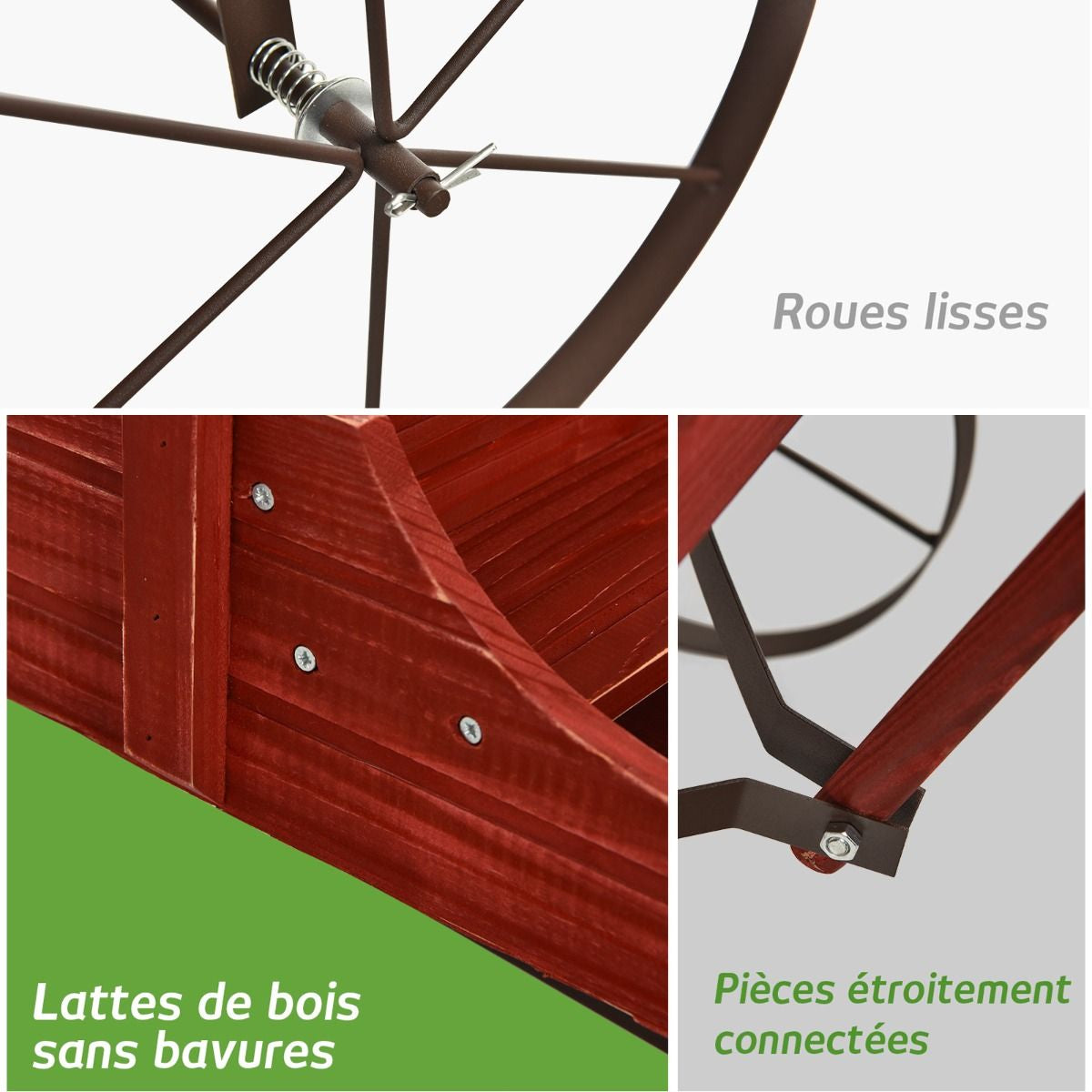 Brouette Décorative En Bois Avec 2 Compartiments À Planter Roues Métalliques Poignée Charge 15Kg Pour Cour Bleu/Café/Gris/Rouge/Vert