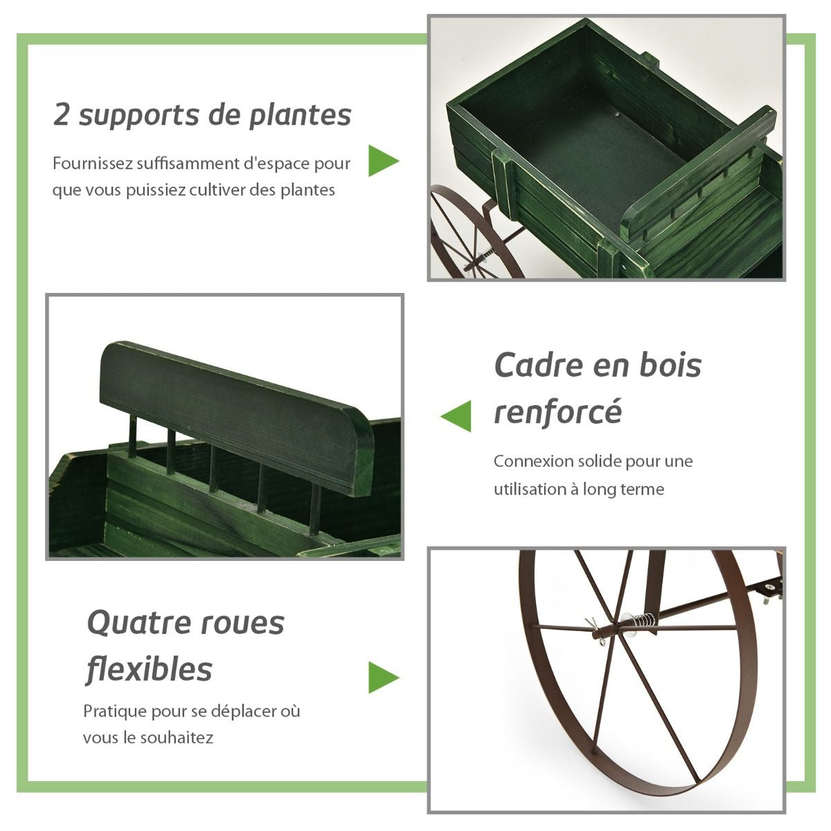 Brouette Décorative En Bois Avec 2 Compartiments À Planter Roues Métalliques Poignée Charge 15Kg Pour Cour Bleu/Café/Gris/Rouge/Vert