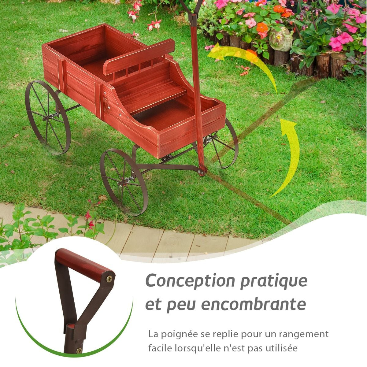Brouette Décorative En Bois Avec 2 Compartiments À Planter Roues Métalliques Poignée Charge 15Kg Pour Cour Bleu/Café/Gris/Rouge/Vert