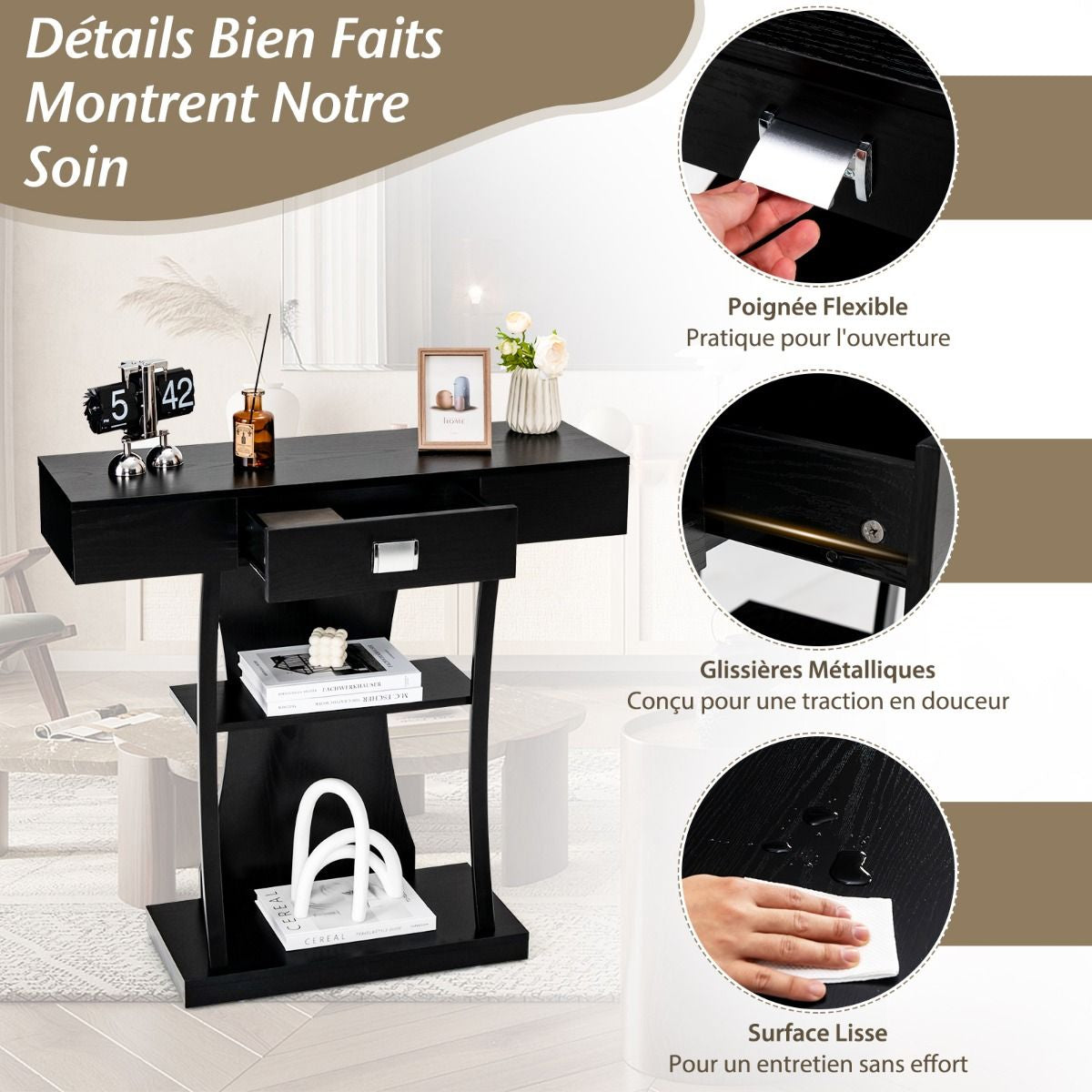 Table Console 3 Étagères Meuble D'Entrée L91 X P30 X H88 Style Scandinave Dispositif Anti-Renversement Brun Rustique/Noir/Gris