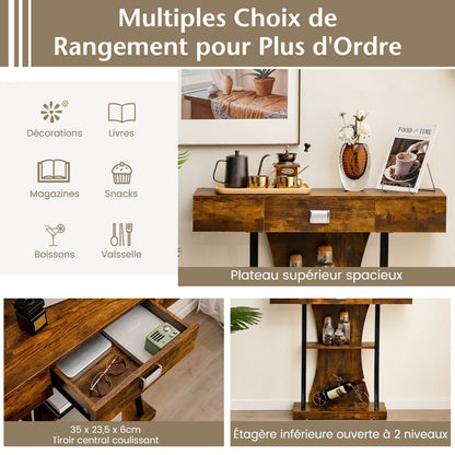 Table Console 3 Étagères Meuble D'Entrée L91 X P30 X H88 Style Scandinave Dispositif Anti-Renversement Brun Rustique/Noir/Gris