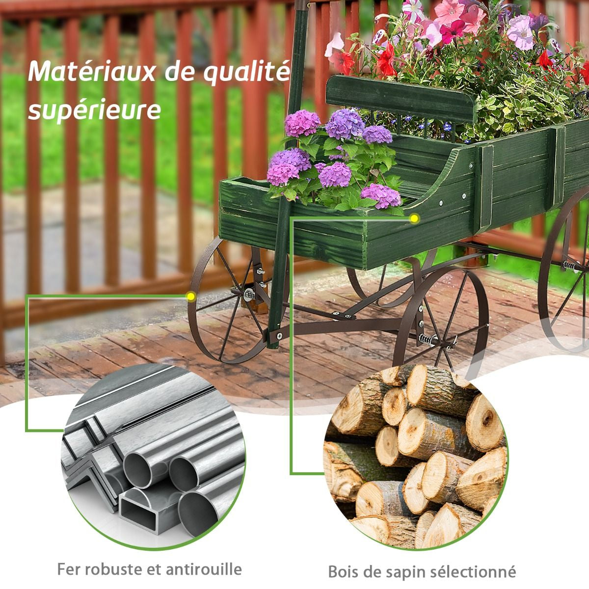 Brouette Décorative En Bois Avec 2 Compartiments À Planter Roues Métalliques Poignée Charge 15Kg Pour Cour Bleu/Café/Gris/Rouge/Vert