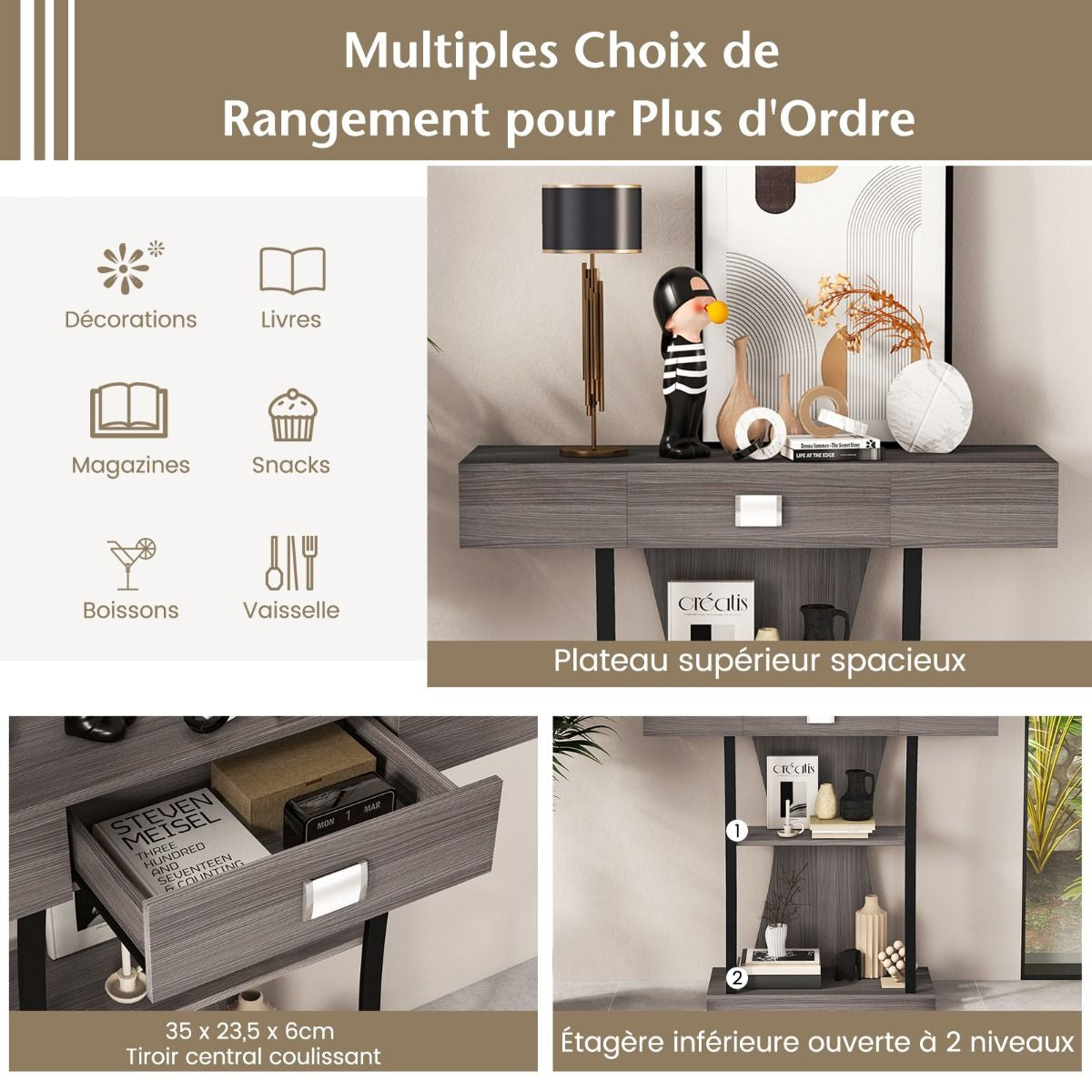 Table Console 3 Étagères Meuble D'Entrée L91 X P30 X H88 Style Scandinave Dispositif Anti-Renversement Brun Rustique/Noir/Gris