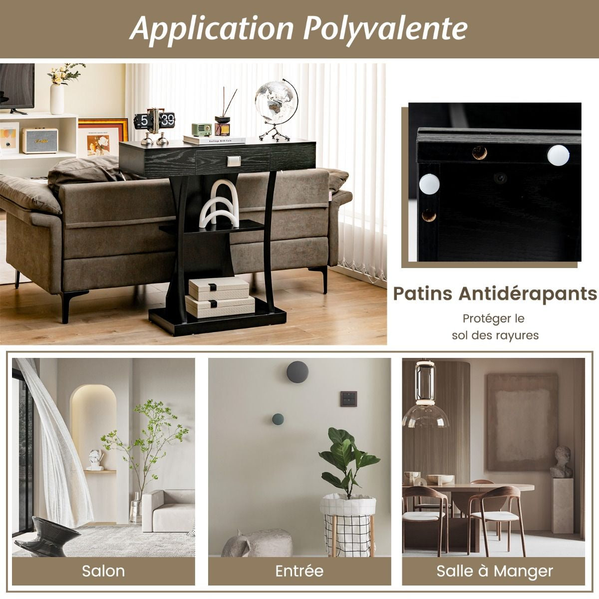 Table Console 3 Étagères Meuble D'Entrée L91 X P30 X H88 Style Scandinave Dispositif Anti-Renversement Brun Rustique/Noir/Gris
